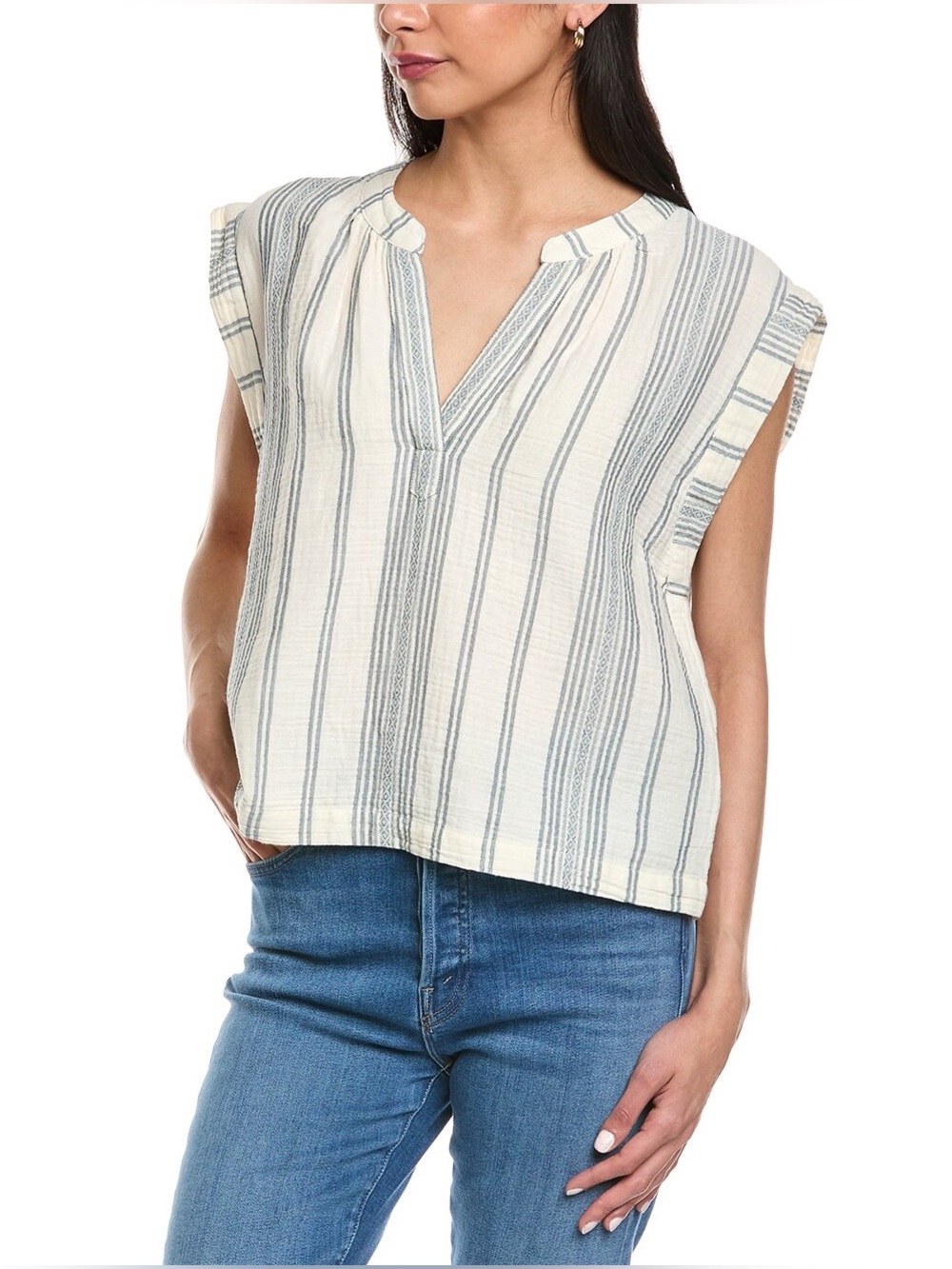Faherty Gauze Linen Top XL White Blue Stripe
